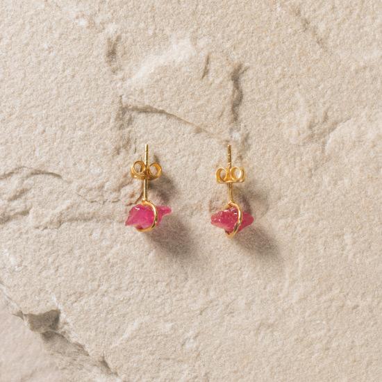 Ruby Earrings - Fine handmade stud crafted around a raw Ruby. Each Ruby is left in its natural raw state with their own unique shape. Finely handcrafted brass, plated with the finest 18K gold plating.
