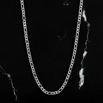 Our Silver Figaro Chain features our premium silver figaro chain and signature polished silver plate, engraved with RG&B.