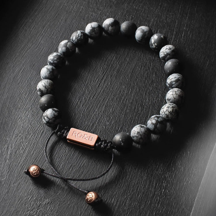 MJDCB 10mm Snowflake Obsidian Bracelet - Elastic Natural Stone Yoga Bangle