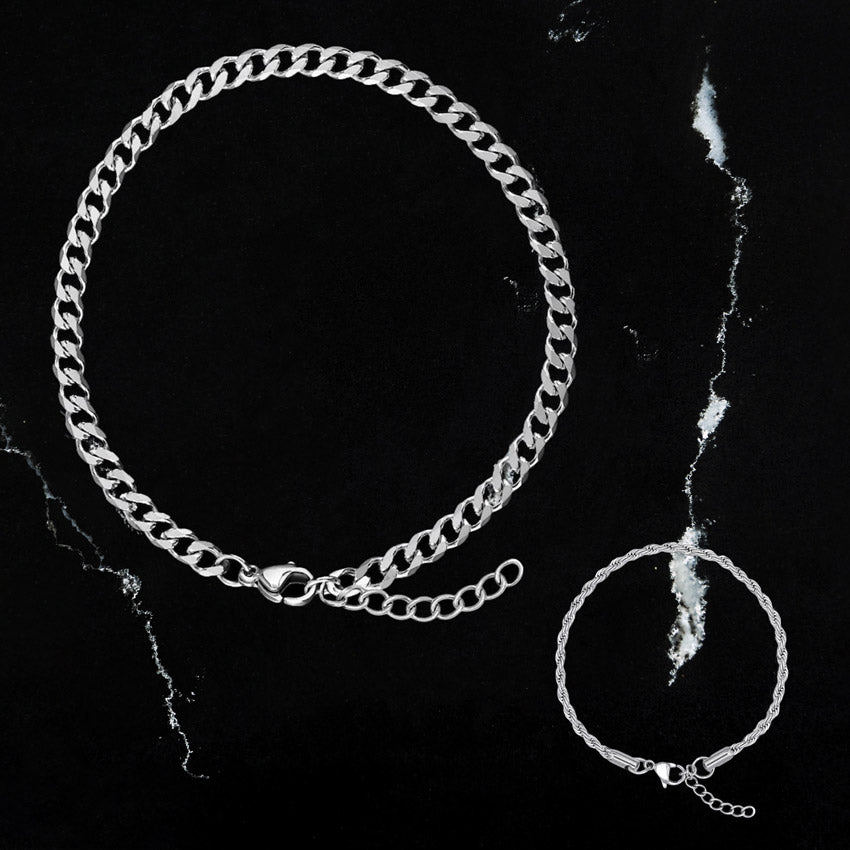 Cuban + Rope Bracelet Stack - Silver Bracelets For Men - JAXXON