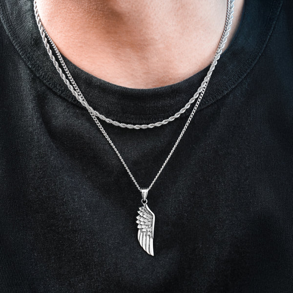 Solid 925 Silver Wing Pendant Necklace and Chain Necklace Set in Silver.