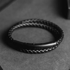 Black Double Leather Bracelet - Our Men's Double Leather Bracelet with Black Leather and a Matte Black Adjustable Clasp Engraved with our Signature RG&B Logo.