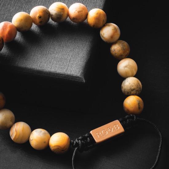 Crazy Lace Agate Bracelet - Our Crazy Lace Agate Bracelet Features Natural Stones, Waxed Cord and Brushed Rose Gold Steel Hardware. A Beautiful Addition to any Collection. 