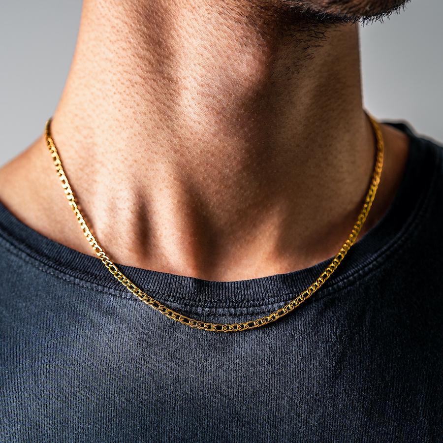 Our Gold Figaro Chain features our premium gold figaro chain and signature polished gold plate, engraved with RG&B.