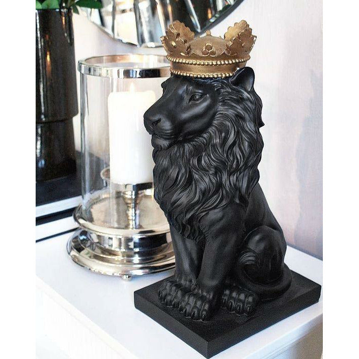 Black Lion Sculpture - Our Black & Gold Lion With Crown Sculpture is the perfect addition to any space.