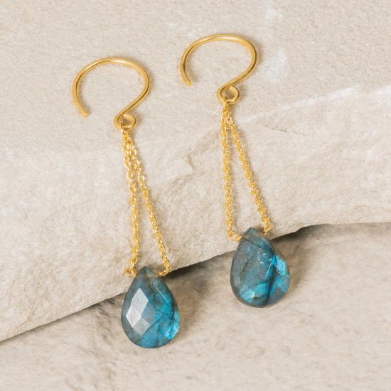 Labradorite Earrings - Fine wire hook and chain earring featuring a natural and uniquely cut Labradorite stone. Finely handcrafted brass, plated with the finest 18K gold plating.