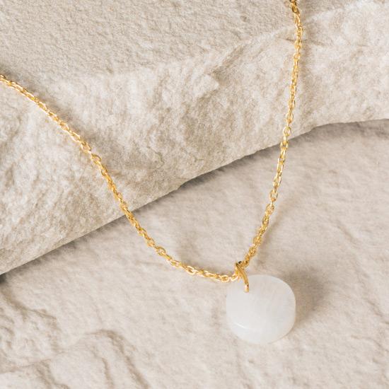 Rainbow Moonstone Necklace - Fine handcrafted chain necklace featuring a circular-cut natural rainbow moonstone to form a timelessly beautiful pendant. Fine handcrafted brass, plated with the finest 18K gold plating.