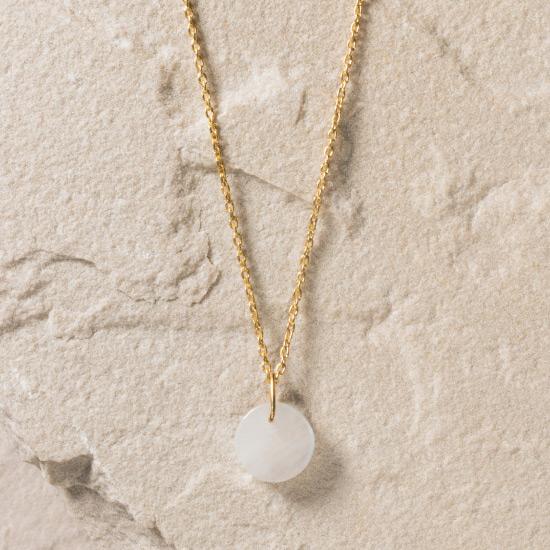 Rainbow Moonstone Necklace - Fine handcrafted chain necklace featuring a circular-cut natural rainbow moonstone to form a timelessly beautiful pendant. Fine handcrafted brass, plated with the finest 18K gold plating.