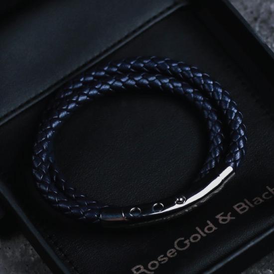 Double Leather Bracelet in Silver & Navy - Our Men's Double Leather Bracelet with Navy Leather and a Polished Silver Adjustable Clasp Engraved with our Signature RG&B Logo.