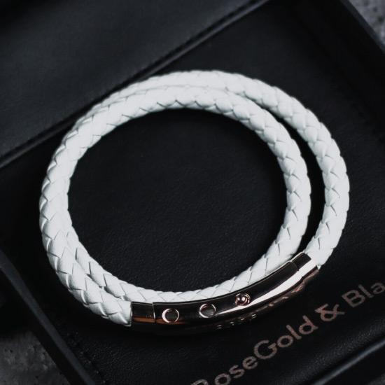 White Double Leather Bracelet - Our Men's Double Leather Bracelet with White Leather and a Polished Rose Gold Adjustable Clasp Engraved with our Signature RG&B Logo.