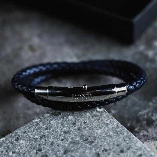Double Leather Bracelet in Silver & Navy - Our Men's Double Leather Bracelet with Navy Leather and a Polished Silver Adjustable Clasp Engraved with our Signature RG&B Logo.