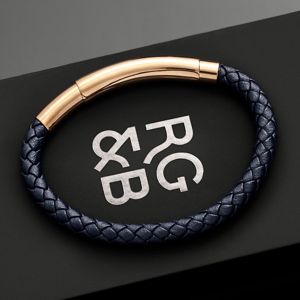 Navy Leather Bracelet - Our Navy Leather Bracelet features a Navy Leather Bracelet and an Adjustable Stainless Steel Clasp Engraved with our Signature RG&B Logo.